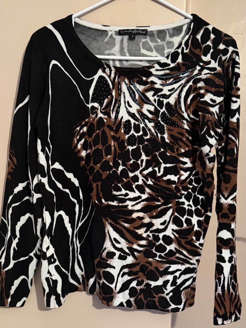 Pierri New York Animal Print Beaded Sweater Top – Size S